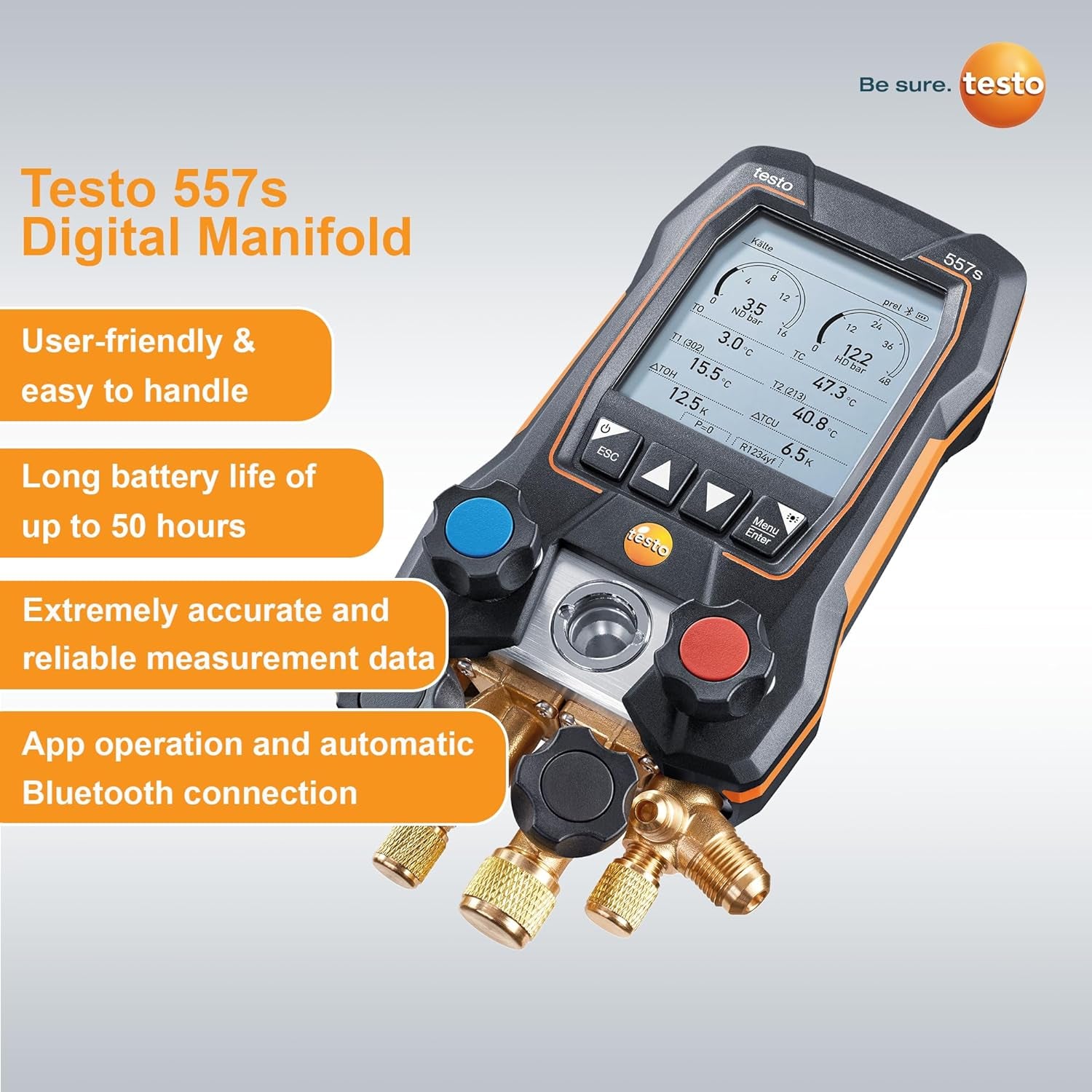557S AC Manifold Gauge Set – AC Recharge Kit with 2X  115I Pipe Clamp Thermometer, 1X  552I Micron Gauge, and 4X Hoses – Set with Bluetooth