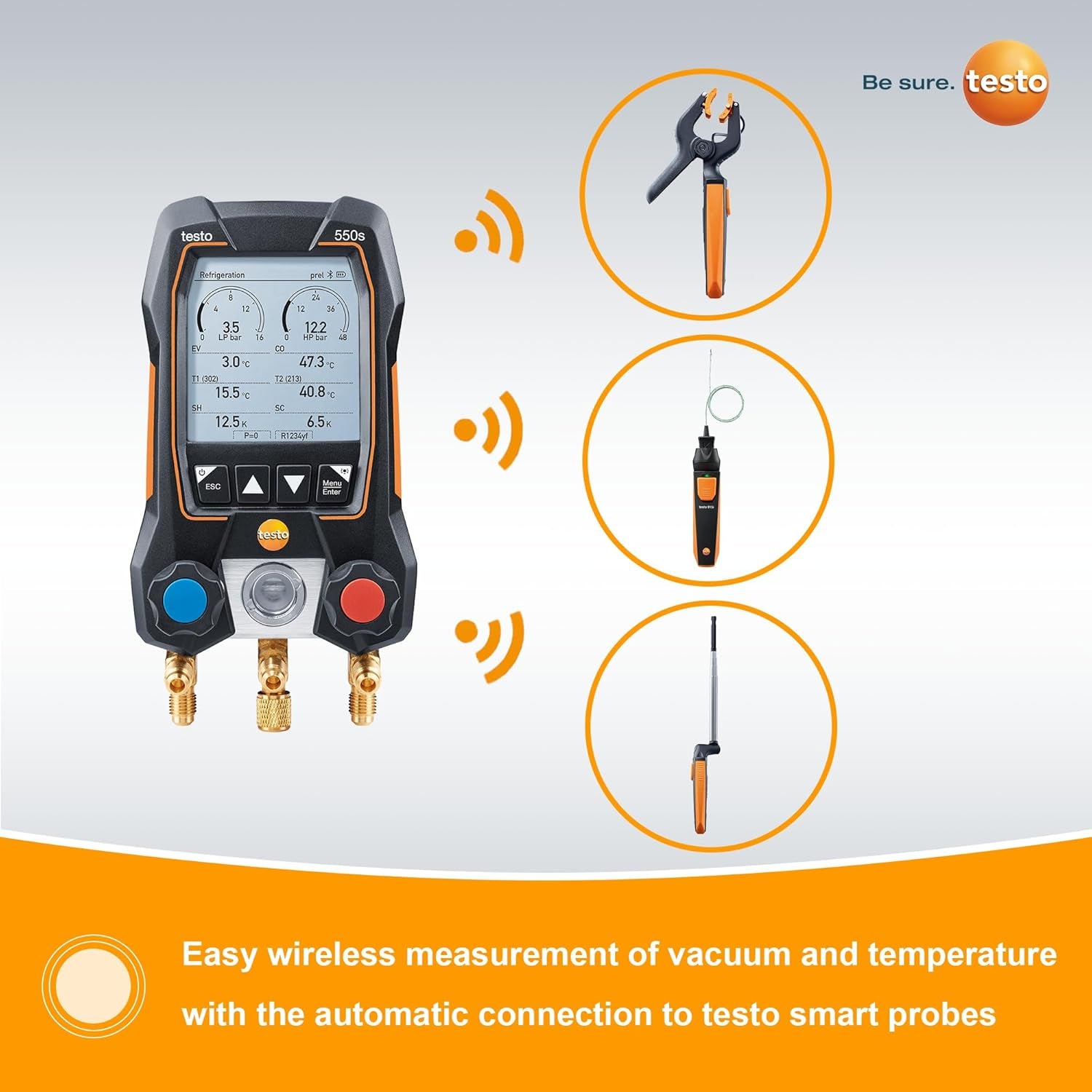557S AC Manifold Gauge Set – AC Recharge Kit with 2X  115I Pipe Clamp Thermometer, 1X  552I Micron Gauge, and 4X Hoses – Set with Bluetooth
