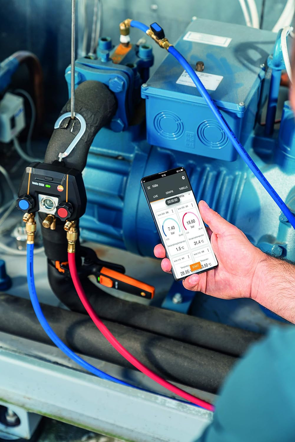 550I Kit I App Operated Digital Manifold, 1 X 552I Micron Gauge and 2 X 115I Pipe Clamp Thermometer for Air Conditioning, Refrigeration Systems and Heat Pumps – with Bluetooth