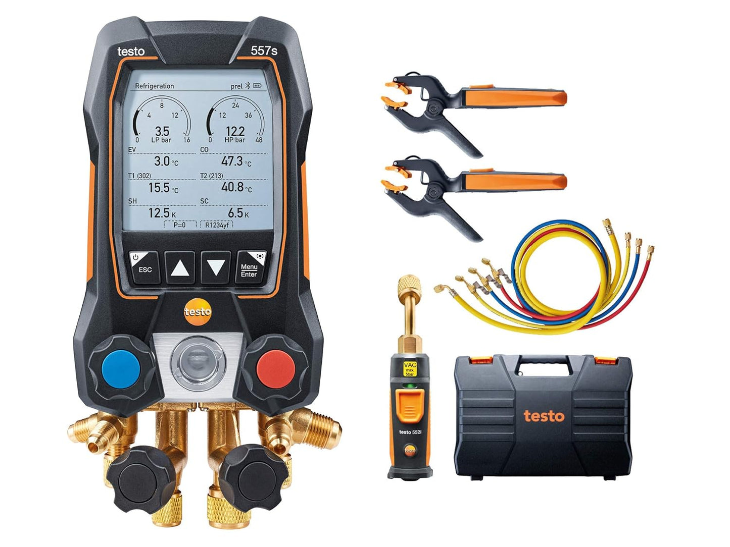 557S AC Manifold Gauge Set – AC Recharge Kit with 2X  115I Pipe Clamp Thermometer, 1X  552I Micron Gauge, and 4X Hoses – Set with Bluetooth